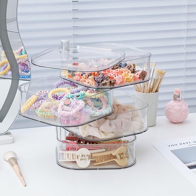 FABROK 4-Layer Girls Hair Tie Organizer, Rotating Hair Accessories Storage Holder for Vanity and Bathroom, Clear Plastic Container for Women Makeup Tools, Skincare Products