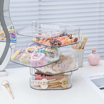 FABROK 4-Layer Girls Hair Tie Organizer, Rotating Hair Accessories Storage Holder for Vanity and Bathroom, Clear Plastic Container for Women Makeup Tools, Skincare Products