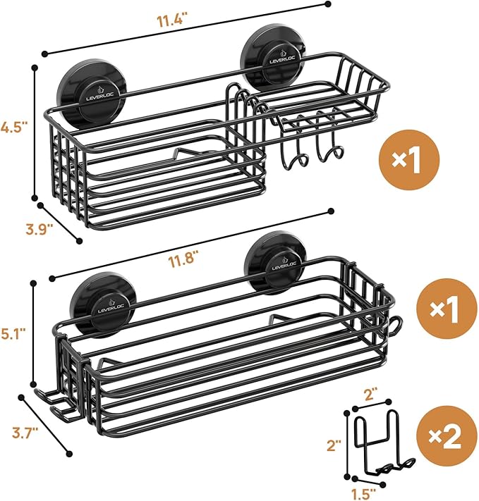 LEVERLOC Shower Caddy Suction Cup, 2 Pack suction shower shelf with Hooks & Soap holder, NO-Drilling Bathroom Holder, Rustproof bathroom organizer, Black