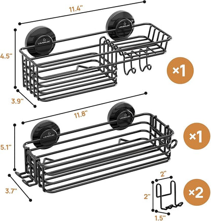 LEVERLOC Shower Caddy Suction Cup, 2 Pack suction shower shelf with Hooks & Soap holder, NO-Drilling Bathroom Holder, Rustproof bathroom organizer, Black