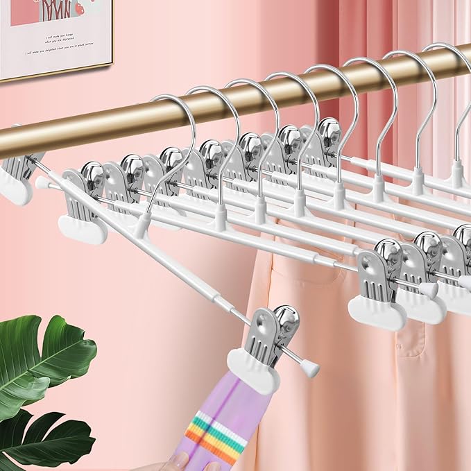 14Inch Clothes Pants Hangers with Wide Clips 20 Pack,Non-Slip Adjustable Skirt Hanger for Women,Space-Saving Heavy Duty Men Hangers for Pants,Trousers,Jeans,Shorts,White