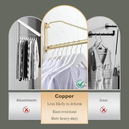 NEWRAIN Folding Wall Mounted Clothes Hanger Rack Clothes Hook Solid Brass with Swing Arm Holder Clothing Hanging System Closet Storage Organizer Heavy Duty Drying Rack Wall Mount,Brushed Gold