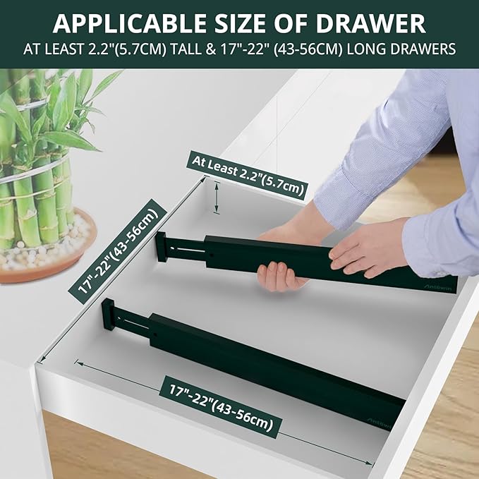 ANTOWIN Expandable Bamboo Drawer Dividers Organizers, Drawer Separators Splitter,17-22 inches Long Adjustable Spring-loaded Organizer for Large Utensil, Clothes, Tools(Dark Green)