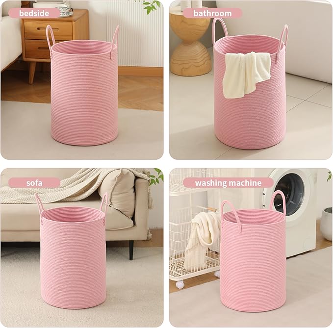 Laundry Basket Hamper Tall Rope Storage Woven for Blanket toys Dirty Clothes in Living Room Bathroom Bedroom (Pink, 100L/26.4Gal)