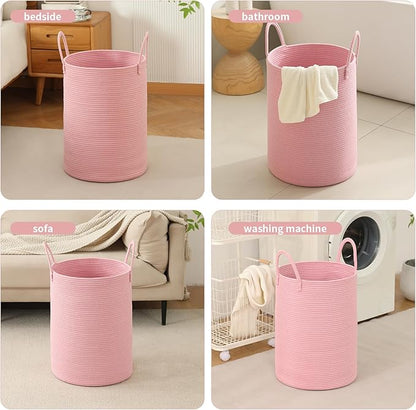 Laundry Basket Hamper Tall Rope Storage Woven for Blanket toys Dirty Clothes in Living Room Bathroom Bedroom (Pink, 100L/26.4Gal)