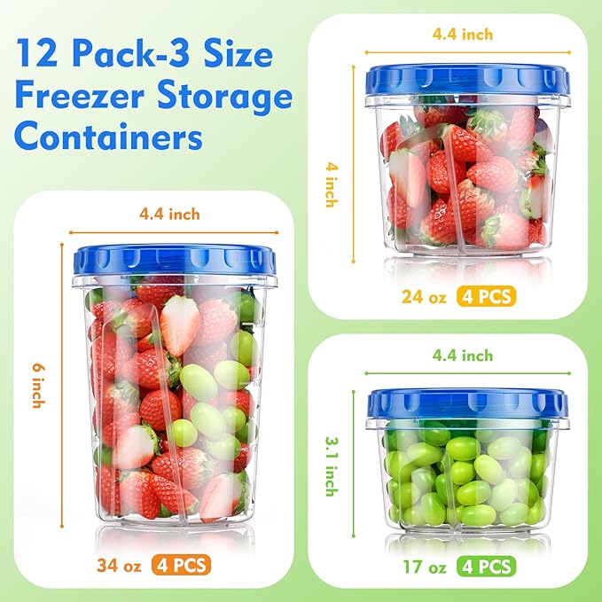 BiuLeon 12 Pack- 34/24/17oz Freezer Storage Containers, Plastic Food Storage Containers with Twist Top Lids, BPA Free and Reusable Soup Containers with Lids, Leakproof/Microwave/Dishwasher Safe