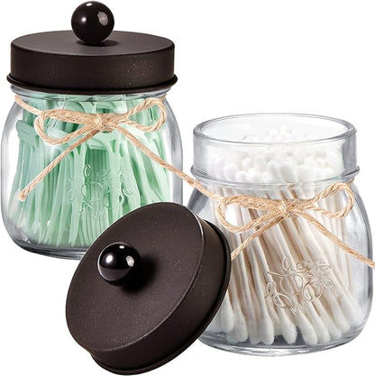 SheeChung 6 Pack Qtip Holders with Labels, Bathroom Organizers and Storage, Bathroom Decor, Apothecary Jars with Lids, Small Mason Jars for Qtips, Cottons, Floss, Balls, Cotton Swabs-Bronze