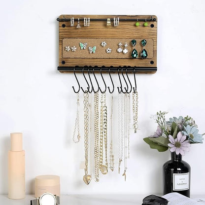 MyGift Wall Mounted Jewelry Organizer, Burnt Wood and Black Metal Necklace Holder, Bracelet, Earring Display Storage Rack with 10 Hanging S-Hooks