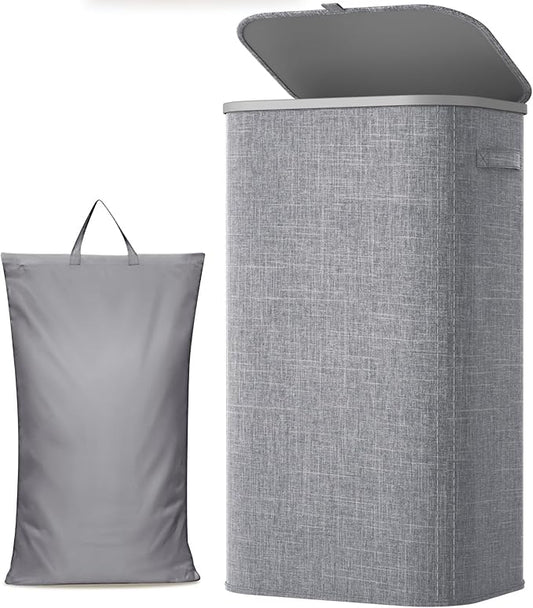 Lifewit 105L Large Laundry Basket with Lid, Laundry Hamper with Plastic Handles and Removable Bag, Foldable Tall Dirty Clothes Hampers for Laundry for Laundry Room, Bedroom, Bathroom, Dorm, Light Gray