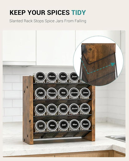 NESAPTO Spice Rack Organizer with 20 Glass Spice Jars, Wood 4-Tier Seasoning Organizer with Labels for Cabinet, Pantry, Countertop or Wall Mount, Chalk Marker and Funnel Set, 10.3" W × 9.4" H