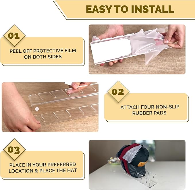iNNOVANT Baseball Cap Stand, 2 Pcs Acrylic Hat Organizer for 14 Baseball Caps, Hat Racks for caps Display and Organizer for Bedroom, Closet, Dresser, Office (Clear x 2)