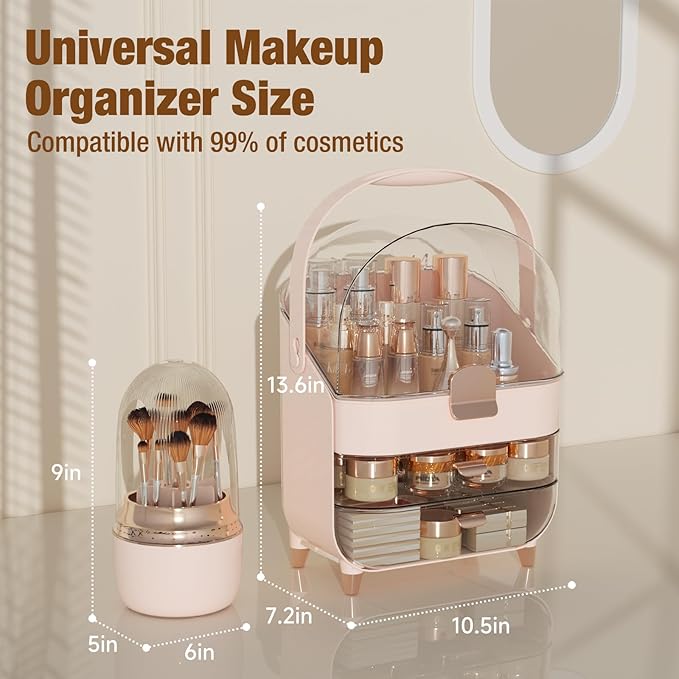 Makeup Organizer Countertop & 360° Rotating Makeup Brush Holder, Skincare Holder with Lid and Drawers, Storage Box Cosmetic Display Cases, Teen Girl Gifts, Vanity, Bathroom Counter, Pink