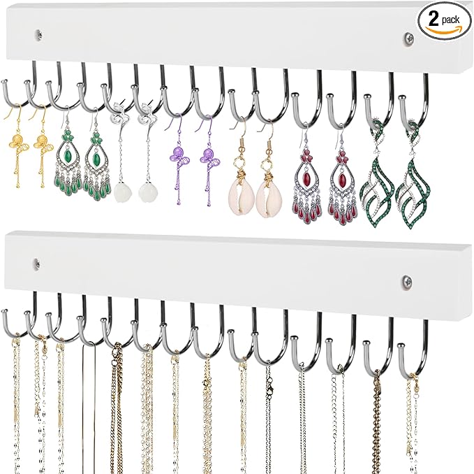 Necklace Holder Wall Mounted Jewelry Organizer - 2 Pack Wooden with 28 Hooks, Hanging Earring & Ring Bracelet Storage, Decorative Space-Saving Jewelry Display (White)