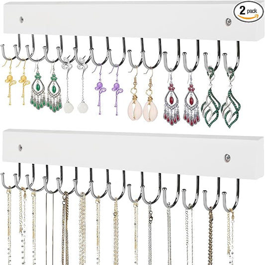 Necklace Holder Wall Mounted Jewelry Organizer - 2 Pack Wooden with 28 Hooks, Hanging Earring & Ring Bracelet Storage, Decorative Space-Saving Jewelry Display (White)