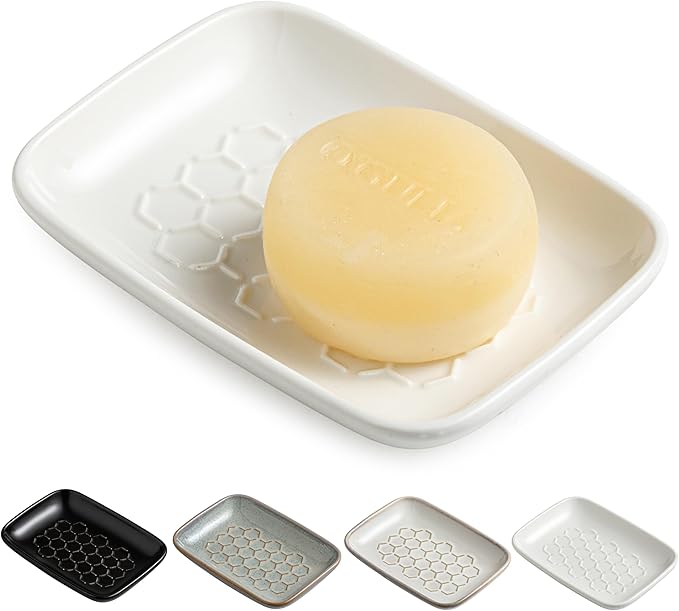 Gomakren Soap Dish for Shower, Ceramic Bar Soap Holder with Honeycomb Design, Soap Saver Tray for Bathroom Kitchen Sink, Sponge & Organizer Tray, Upscale Look, 5.5 Inch, White