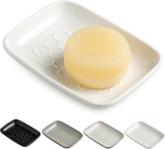 Gomakren Soap Dish for Shower, Ceramic Bar Soap Holder with Honeycomb Design, Soap Saver Tray for Bathroom Kitchen Sink, Sponge & Organizer Tray, Upscale Look, 5.5 Inch, White