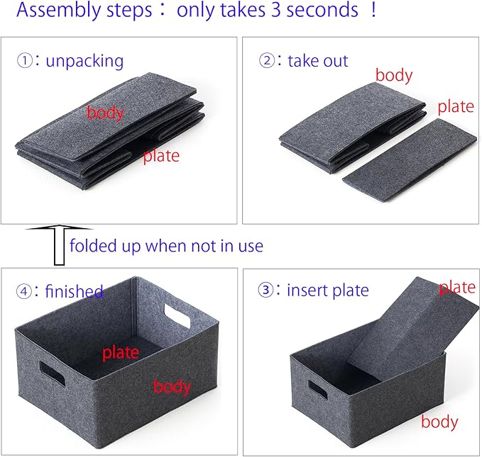 Self-supporting collapsible felt storage basket in darkgrey for storaging and sorting of clothes, toys and office files