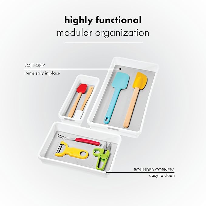 madesmart 3 Bin Drawer Organizer Set, Multi Purpose Storage for Utensils, Office & Bathroom, Organizer for Cutlery, Peeling Tools, Spatulas, Soft Grip Lining, Durable & Easy to Clean, White