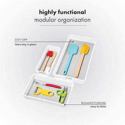 madesmart 3 Bin Drawer Organizer Set, Multi Purpose Storage for Utensils, Office & Bathroom, Organizer for Cutlery, Peeling Tools, Spatulas, Soft Grip Lining, Durable & Easy to Clean, White