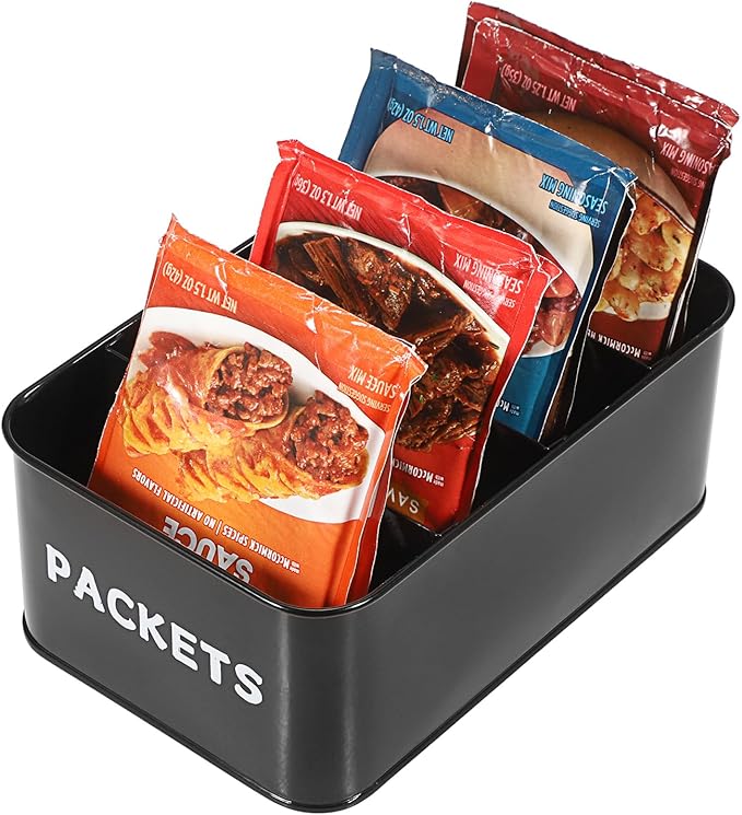 BSTKEY Seasoning Packet Organizer, Food Storage Organizer with Divided 4 Compartments, Metal Storage Caddy for Kitchen Pantry Cabinet, Kitchen Organization Bin for Snacks Spice Packets, Black