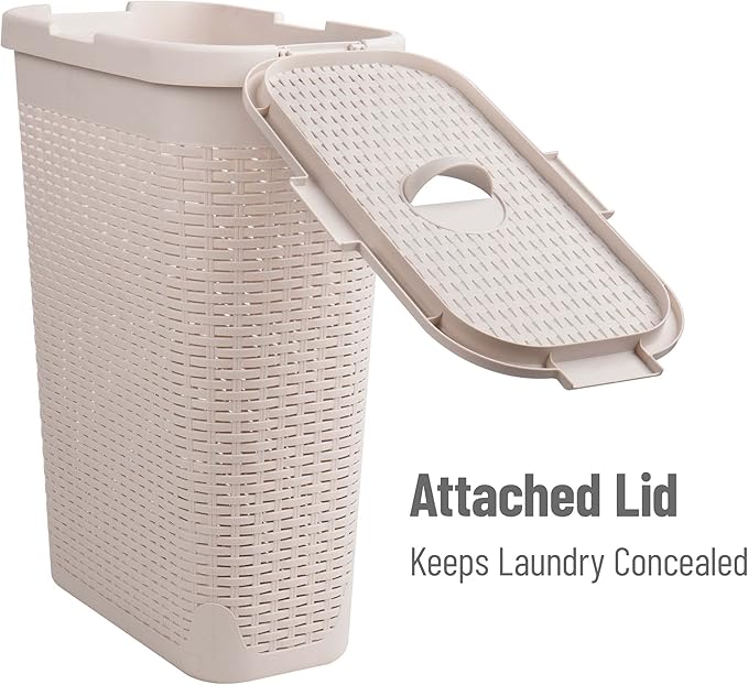 Mind Reader Slim Laundry Hamper with Lid, 40L Clothes Basket, Narrow Tapered Design with Ventilated Cutout Pattern, Plastic, Set of 2, Ivory