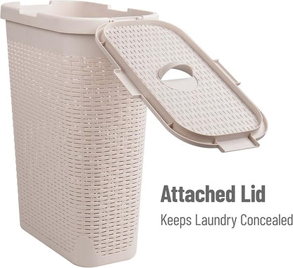 Mind Reader Slim Laundry Hamper with Lid, 40L Clothes Basket, Narrow Tapered Design with Ventilated Cutout Pattern, Plastic, Set of 2, Ivory