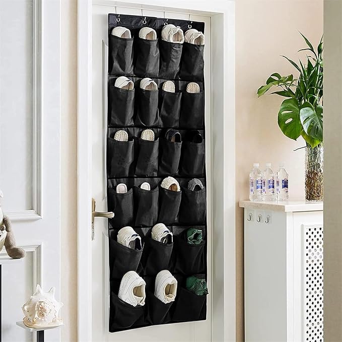 Shoe Rack for Closet Front Door Entrance Entryway Cabinet Hanging Organizer,Shoe Organizers Over The Door Bedroom Bathroom Space Saving Portable Clear 28 Pocket Mesh Breathable Hanger(Black)