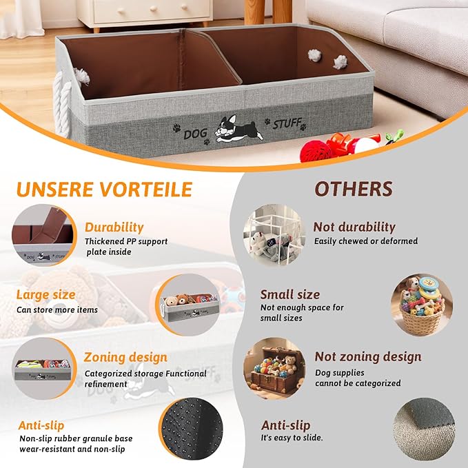 Large Dog Toy Basket with Handles, 28.5" Collapsible Multi-Purpose Hard Board Dog Toy box, Clothes, Cute for Living Room Area (Gray,Coffee)