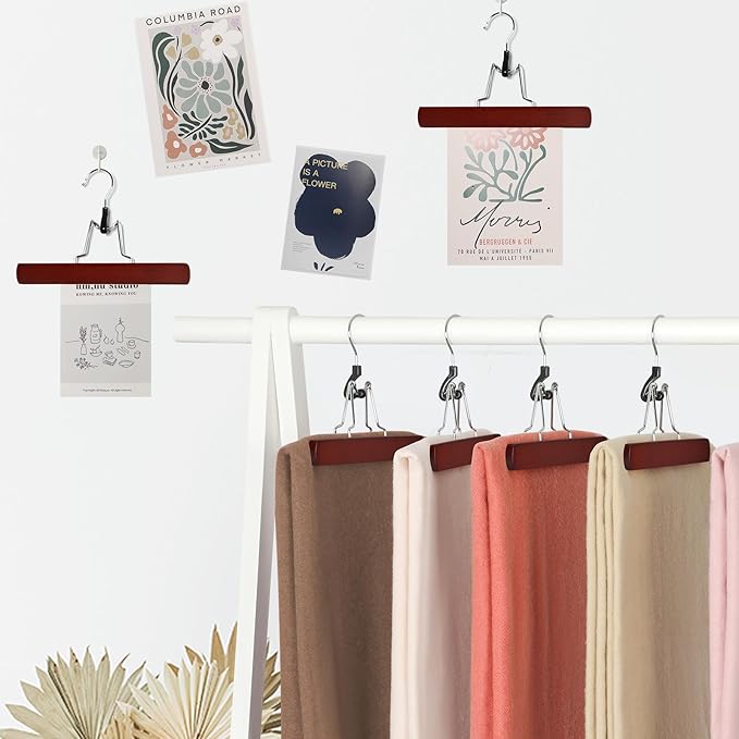 TOPIA HANGER 24 Pack Wooden Pants Hangers, Hair Extension Hangers Non Slip Skirt Hanger Wood Clamp with Velvet Padded 360° Swivel Hook for Jeans, Skirts, Trousers, Wigs Cherry CT68M