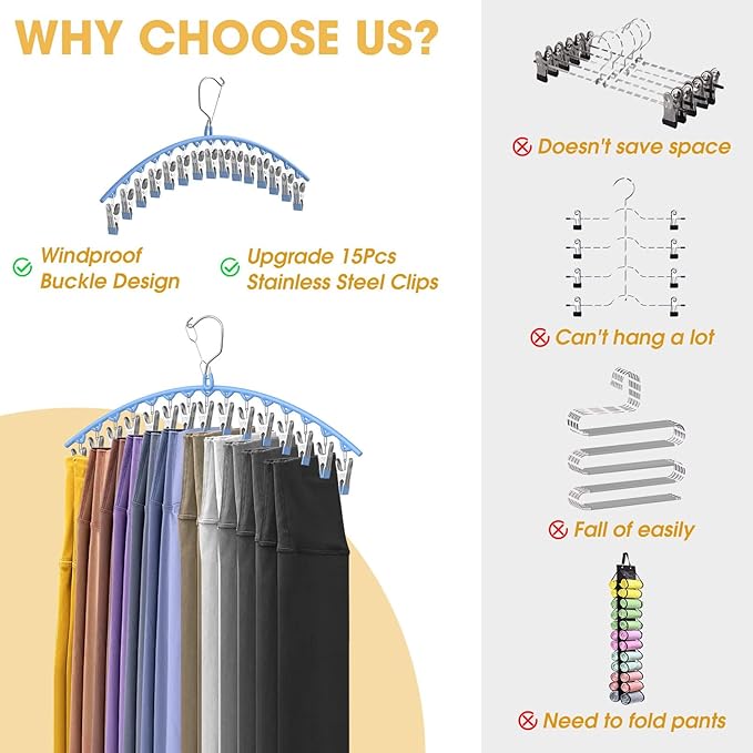 Upgrade Skirt Pants Hangers with Clips, Metal Legging Organizer for Closet with 15 Cilps Holds 60 Leggings/Shorts/Jeans/Skirts Pants Hangers Space Saving Closet Organizers and Storage, Blue 4Pack