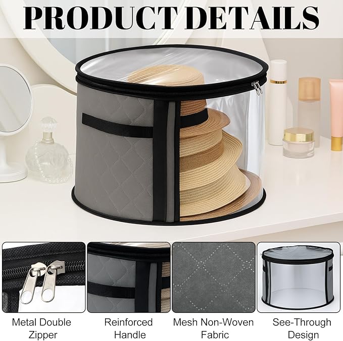 AceOrbit 2 Pcs Oversized Clear Hat Storage Box for Women 16.5 x 10.4 Inch Cowboy Hat Storage Box with Lid Hats Bags for Travel Holds up to 7 Caps (Gray,Stylish Style)