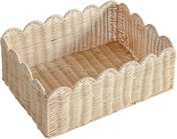 Scalloped Basket, Wicker Storage Baskets, Hand Woven Baskets for Shelves,Natural Baskets for Organizing (Rattan&M-14" L x 10.5" W x 6" H)