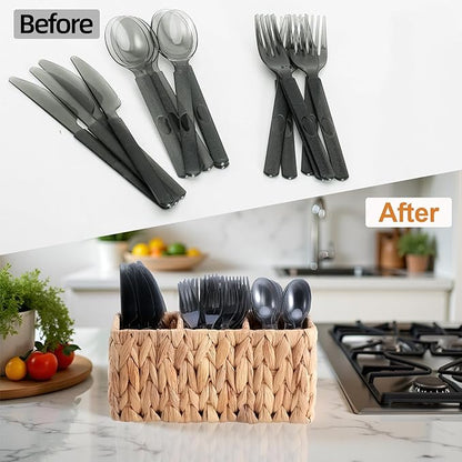 Wicker Party Silverware Caddy, Small Water Hyacinth Plastic Cutlery Utensil Holder, Hand Woven with Handles, Kitchen Countertop and Picnic flatware Organizer
