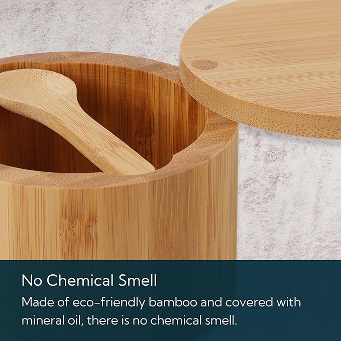 Bamboo Salt Cellar Bowl Box with Swivel Magnetic Lid to Avoid Dust, Elegant Kitchen Salt Container Holder with to Storage Pepper Spice Bath & Sea Salts, 6OZ（Built-in Spoon）