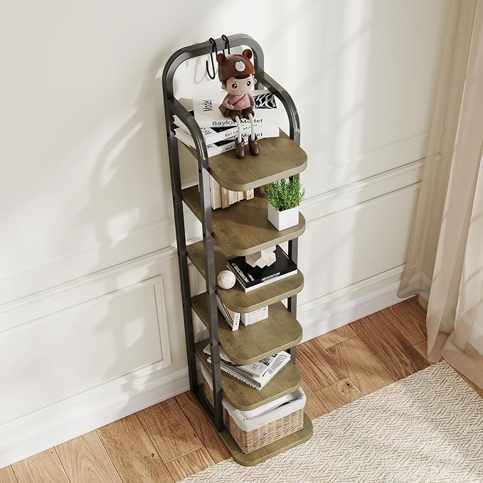6 Tier Vertical Shoe Rack, Adjustable Shelves, Tall Wooden Narrow Shoe Rack with Hooks for Small Space Entryway Living Room