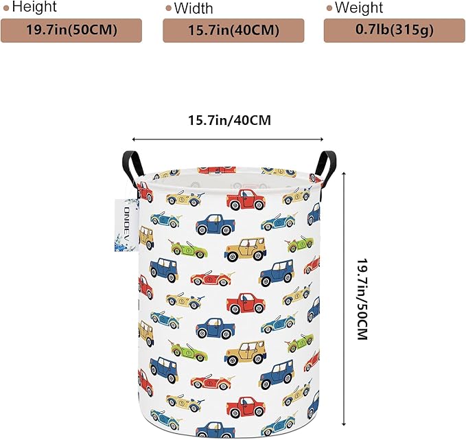 Round Car Themed Laundry Basket,Collapsible Laundry Hamper for Boys,Cute Vehicle Truck Print Storage Bin,Waterproof Toy Storage for Kids Room,Nursery,Playroom,New Parent Gift (Car)