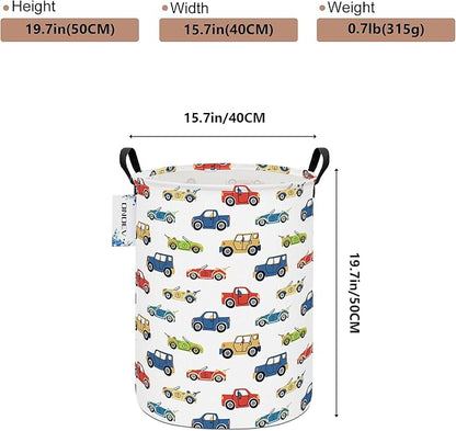 Round Car Themed Laundry Basket,Collapsible Laundry Hamper for Boys,Cute Vehicle Truck Print Storage Bin,Waterproof Toy Storage for Kids Room,Nursery,Playroom,New Parent Gift (Car)