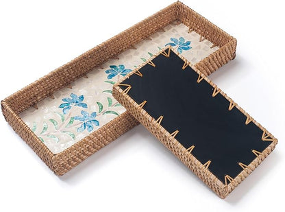 2 Pack Rattan Bathroom Vanity Tray with Mother of Pearl Inlay, Toilet Tank Tray, Toilet Basket Tank Topper, Bathroom Basket for Organizing and Decor (Narcissus)