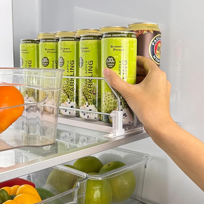 Drink Organizer for Fridge, Self Pushing Soda Can Dispenser for Refrigerator, Automatic Beverage Pusher Glide Beer Water Bottle Holder -2 Rows, White