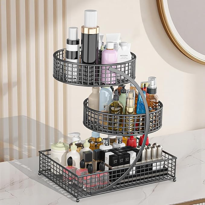 3-Tier Metal Cosmetic Organizer,Cosmetic Storage Rack for Vanity Tables,Multipurpose Metal Bathroom Organizers and Storage, Use Countertop Organizer for Perfume/Makeup/Vegetables (Black 1)