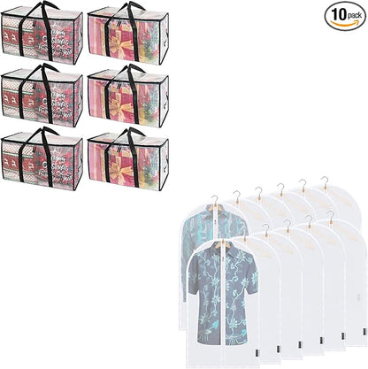 BALEINE 6-Pack Oversized Moving Bags with Reinforced Handles + 40" Translucent Garment Bags (12PK)