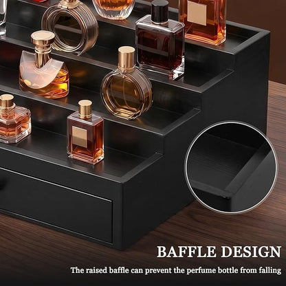 Wooden Cologne Organizer for Men 3 Tier Perfume Stand Organizer with Drawer and Hidden Compartment Cologne Display Riser Shelf Holder for Dresser Figures Fragrances Skincare Makeup Storage (Black)