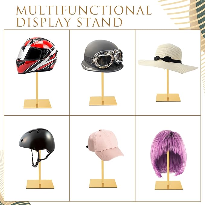 Sintuff 4 Pcs Hat Display Stand:adjustable 7.9-15.7inch Wigs Head Holder Stand Non Slip Stainless Steel Metal Rack for Multiple Hats Wig Storage Styling Practice(Gold,Square Base)
