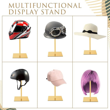Sintuff 4 Pcs Hat Display Stand:adjustable 7.9-15.7inch Wigs Head Holder Stand Non Slip Stainless Steel Metal Rack for Multiple Hats Wig Storage Styling Practice(Gold,Square Base)