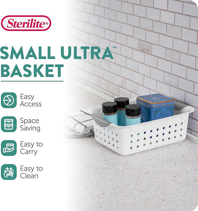 Sterilite 24-Pack Ultra Basket, Open Plastic Bins, Countertop, Cabinet and Closet Organizer, White, Small