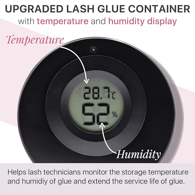 Pretty memory Eyelash Glue Storage Container with Digital Display, Temperature and Humidity Monitor, Lash Glue Holder Eyelash Extensions Adhesive Jar Stand Sealed Lash Extension Supplies, Black