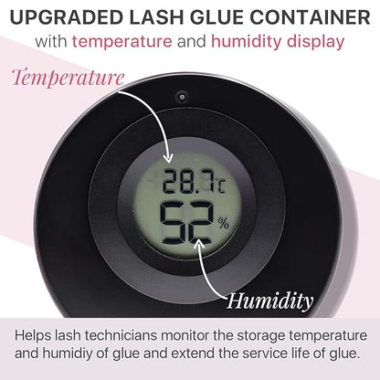 Pretty memory Eyelash Glue Storage Container with Digital Display, Temperature and Humidity Monitor, Lash Glue Holder Eyelash Extensions Adhesive Jar Stand Sealed Lash Extension Supplies, Black