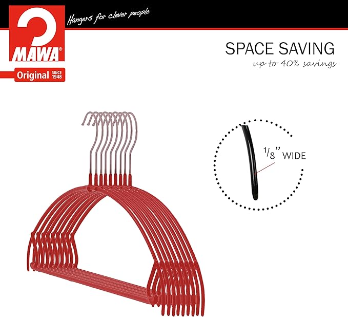 Mawa by Reston Lloyd Euro Ultra Light/Thin Series, Non-Slip Space Saving Clothes Hanger with Bar & Hook for Pants and Skirts, Style 42/PTU, Set of 2, Red