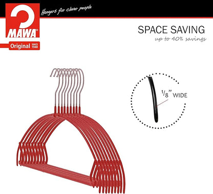 Mawa by Reston Lloyd Euro Ultra Light/Thin Series, Non-Slip Space Saving Clothes Hanger with Bar & Hook for Pants and Skirts, Style 42/PTU, Set of 10, Red