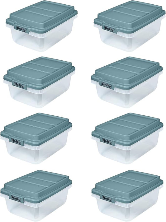Hefty 18 Quart Hi-Rise Storage Bin with Lid, Stackable Plastic Container for Home, Office, and Classroom Organization, 8 Pack, Smoke Blue